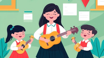 A joyful scene of children and a teacher playing ukuleles in a classroom, promoting creativity and music education.