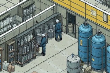 Industrial workers inspecting gas cylinders warehouse illustration clean environment aerial view safety and efficiency