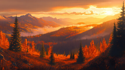 Obraz premium Vast boreal landscape, golden hour sunbeams, rolling hills, autumn foliage, coniferous treeline, misty peaks, panoramic vista. Boreal. Illustration