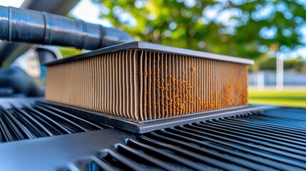 A close-up view of a dirty air filter, showcasing its layered structure and accumulated dust, set against a blurred green background.