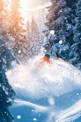 Adventurous Skier Carves Through Powdered Snow in Winter Wonderland, Surrounded by Frosted Trees and Sparkling Sunlight
