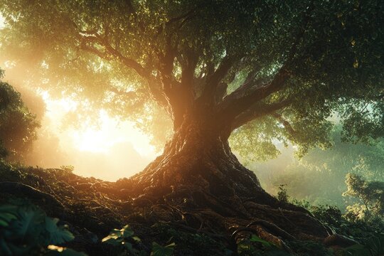 Ancient, majestic tree bathed in golden sunlight, its massive roots exposed, creating a mystical forest scene.