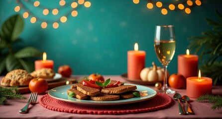 A beautiful feast table covered with delicious food and drinks, glowing under orange-teal lighting and surrounded by golden fireflies.