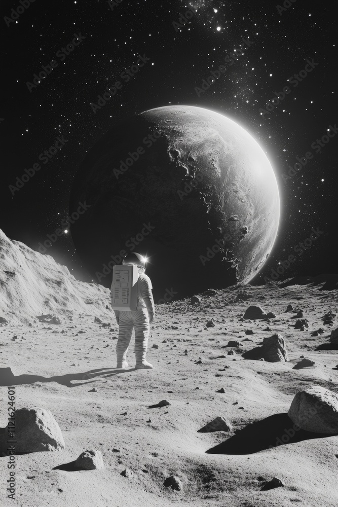 Poster ast astronaut exploring a barren lunar landscape with a distant planet in the background, black and 