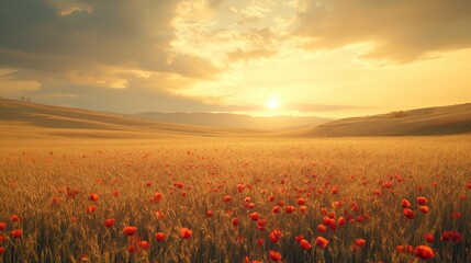 Fototapeta premium Serene Sunset Over Golden Field with Poppies in Bloom