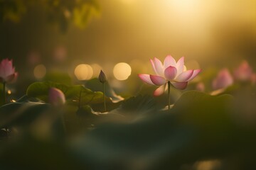 Beautiful Lotus Flower in Soft Morning Light, Serene Water Lily Scene with Bokeh Effect and Lush Green Leaves, Nature Photography for Tranquility and Peace