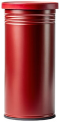 Cylindrical metal container with a dark red finish and silver bands