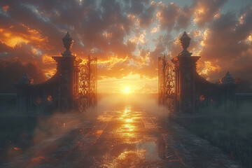 Naklejka premium Mysterious gate sunny entrance. New life or beginning concept,. 