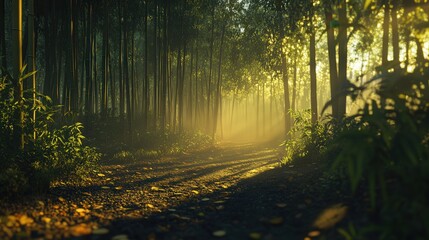 Naklejka premium a bamboo forest during the golden hour. The sun's warm light gently illuminates the bamboo,