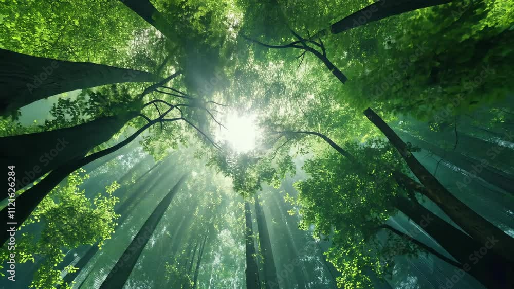 Poster sunlight filters through tall trees in a lush green forest creating a serene atmosphere