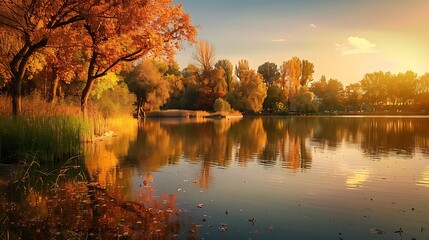 A serene lake reflecting autumn trees during golden hour.