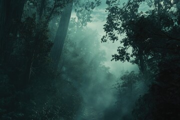 Obraz premium A misty, dark forest path winds through tall trees, creating an eerie, mysterious atmosphere.