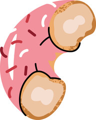 Sweet Sweet bitten donut donut, doughnut ring with strawberry icing and candy sprinkles. Flat cartoon illustration isolated on white background