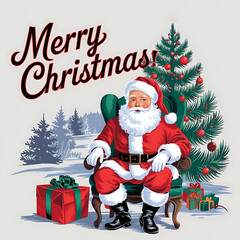 Merry Christmas Text Typography Illustration Santa Claus