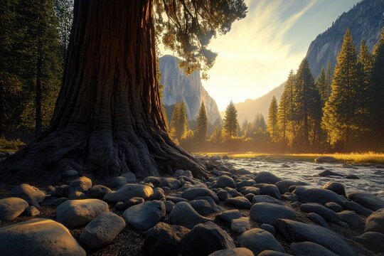 Sunrise illuminates giant sequoia tree, river, and Yosemite Valley's granite cliffs.