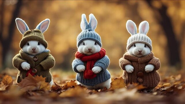 two little funny rabbits dressed woolen knitted hats autumn rabbit fun hat leaf cap knit cold season alth friends pair love clothing warm baby mammal lawn sweet sitting wool ear miniature farm stump