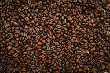 coffee cup with coffee beans on pastel background. flat lay, top view