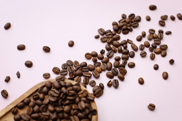 coffee cup with coffee beans on pastel background. flat lay, top view