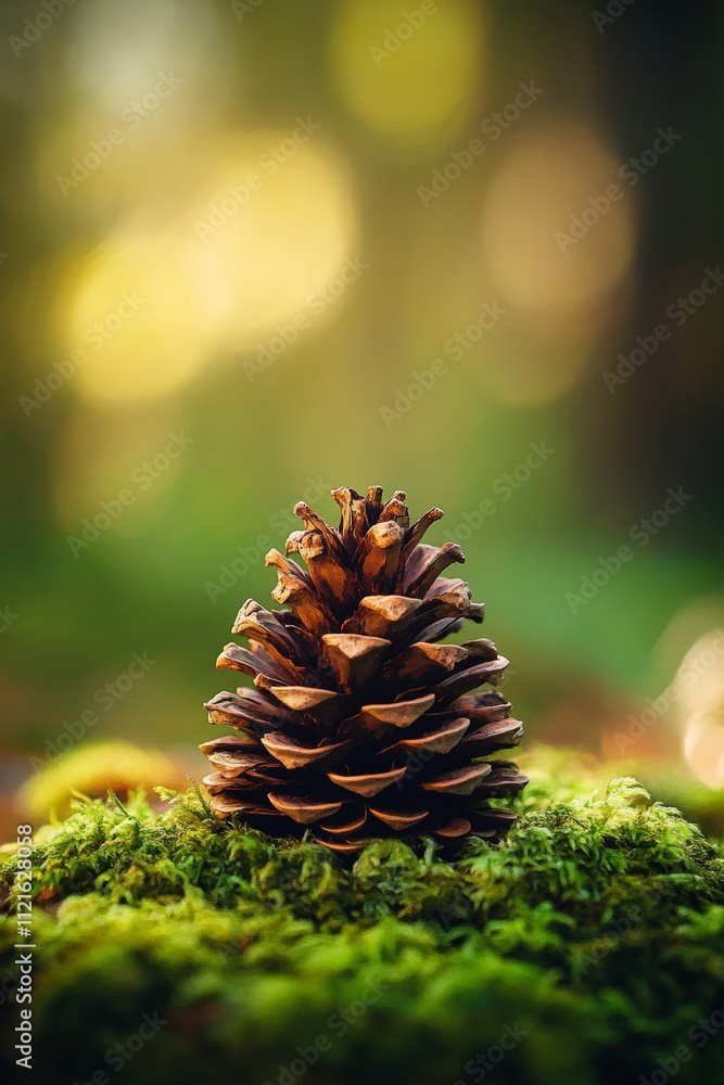 Poster close-up of a pinecone on moss in a beautiful forest setting, capturing natures serenity and the bea