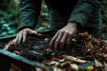 Obraz premium A person's hands are deeply embedded in dark soil, mixing it with decaying leaves.