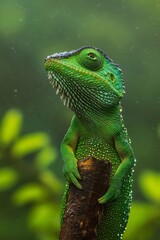 Fototapeta premium Close-up of a vibrant green lizard perched on a branch, surrounded by lush greenery in a serene natural habitat. Exotic wildlife photography.
