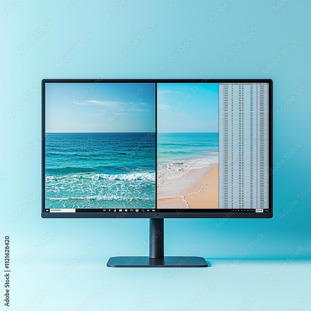 Poster modern office setup with dual monitor display and beach view
