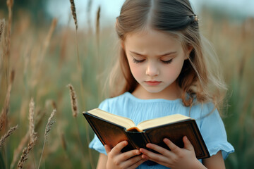 Child reading bible study.