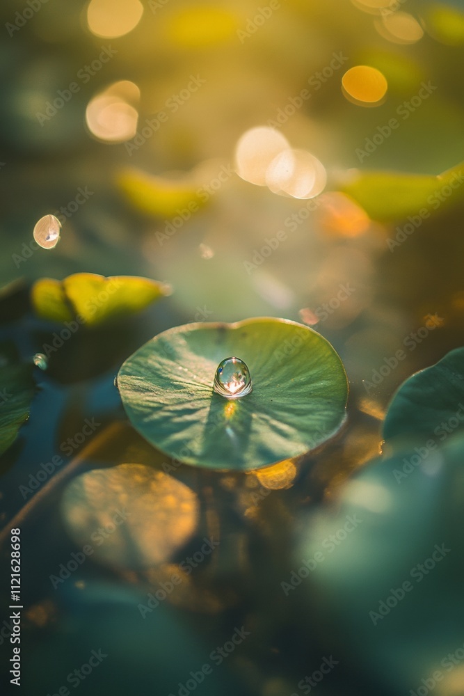 Poster close-up of dew drop on green lily pad in serene water with soft bokeh background â€“ nature photogr