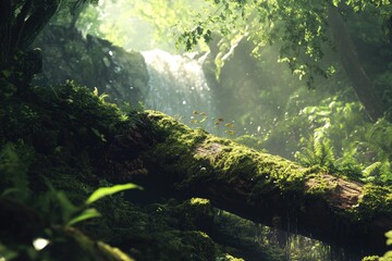 Sunlit waterfall in lush green forest, moss-covered log, small mushrooms.