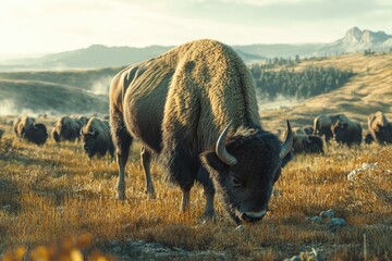 A majestic bison grazes peacefully in a sun-drenched meadow, surrounded by a herd and mountains.