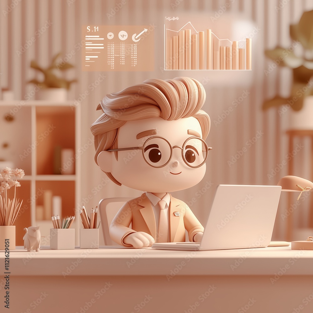 Poster cute animated character working on laptop in office setting