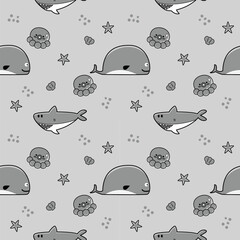 Whale shark gray cartoon so cute. On squid starfish shell gray background. Pattern seamless vector illustration. 
