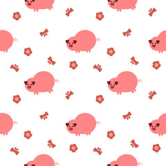 Pig cartoon so cute. On flower knot white background. Pattern seamless vector illustration. 