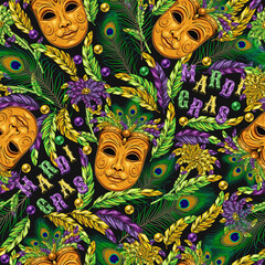 Carnival Mardi Gras themed pattern with golden venetian face mask with feathers, scattered trinket, beads, text. Vintage illustration for holiday, party design