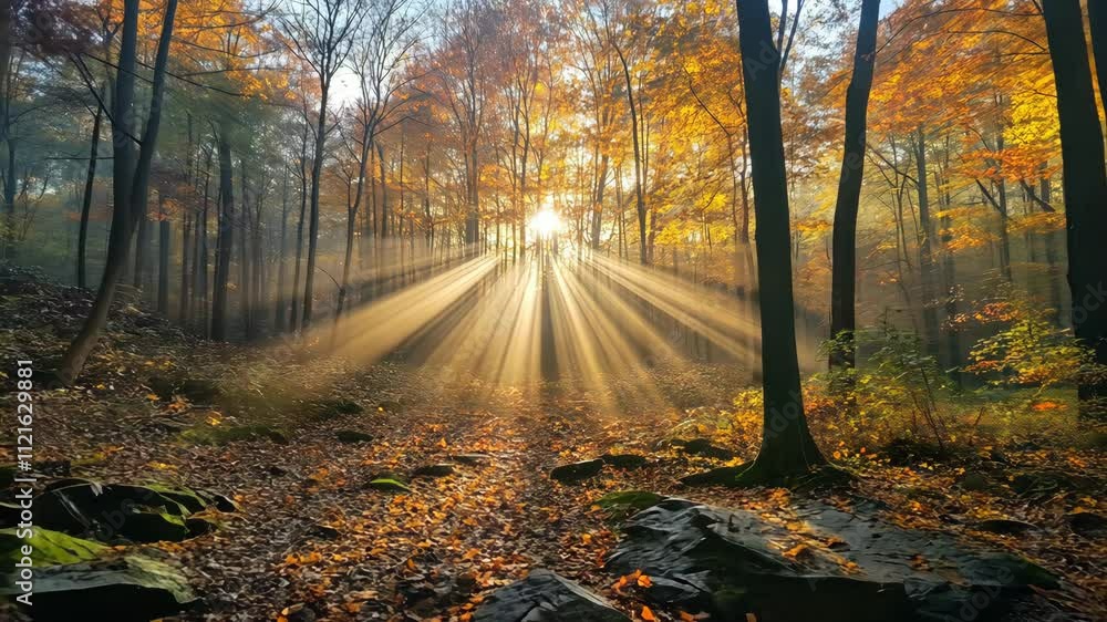 Poster sun rays filtering through autumn trees in a peaceful forest during golden hour