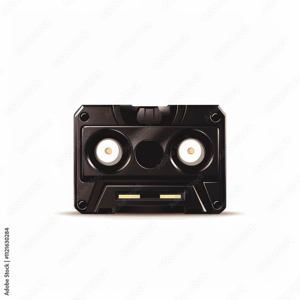 Poster a compact, black device with circular lights that resemble eyes, giving it a robot-like appearance, 