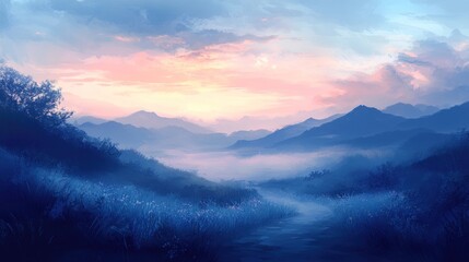 Obraz premium Serene sunrise, misty mountains, path through wildflowers.