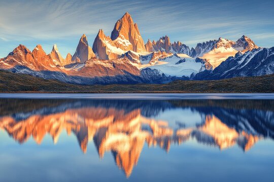 Majestic snow-capped mountains reflected in a calm lake at sunrise, a breathtaking natural scenery.
