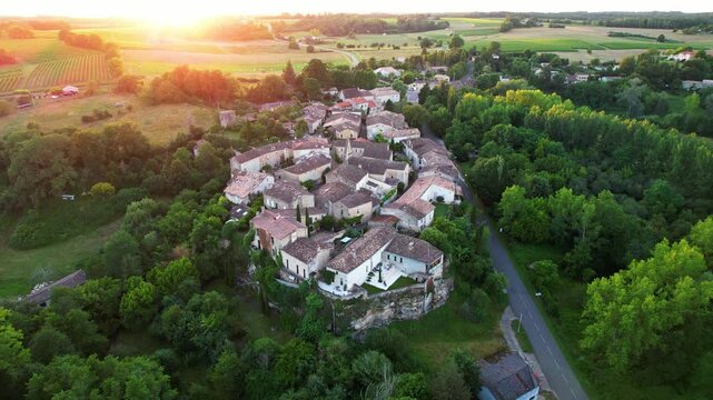 Colorful landscape view of the village of Castelmoron d'Albret in the Bordeaux region. Aerial view of the smallest village in France.