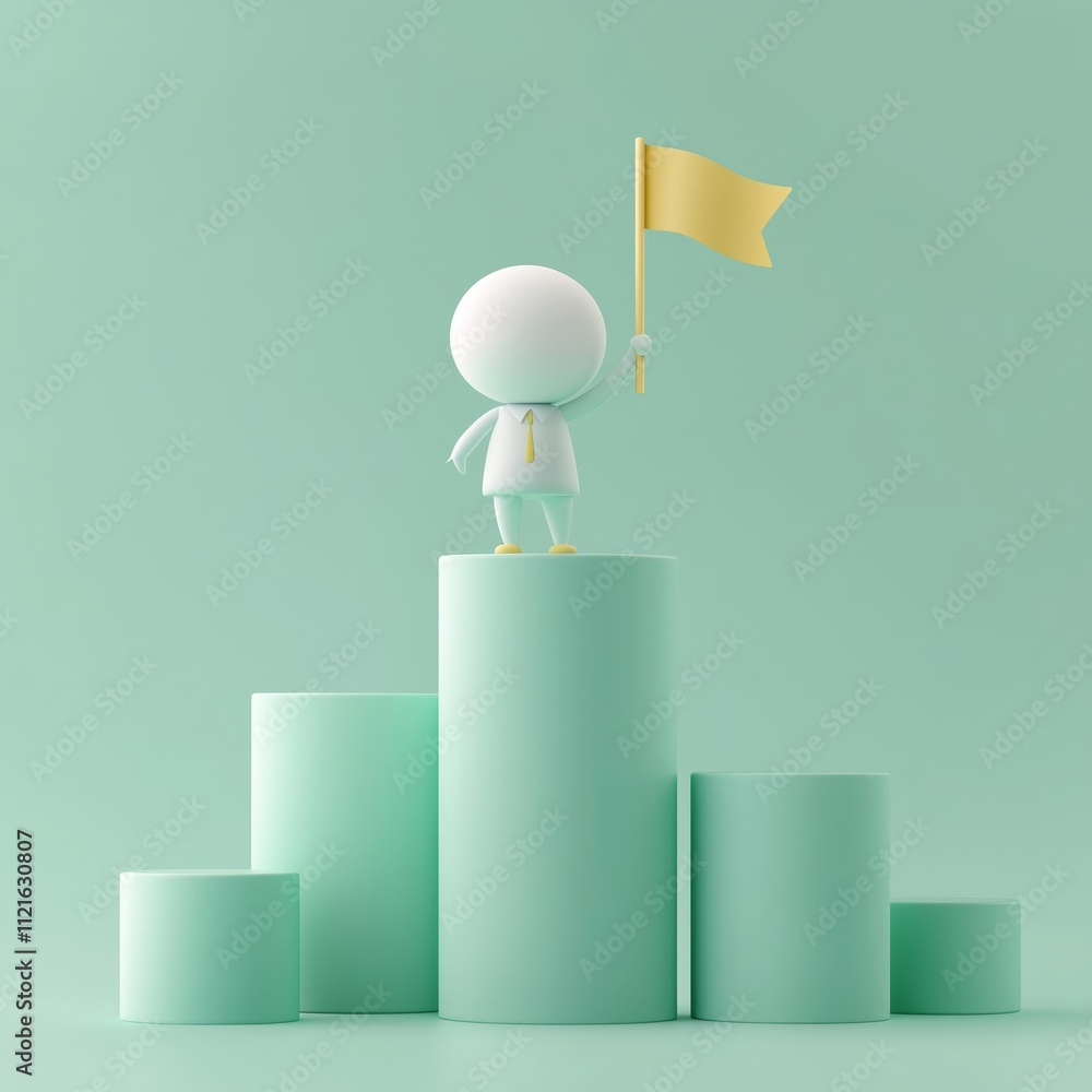 Poster success concept with character holding flag on bar graph
