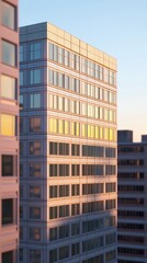 Towering Modern Office Building in the City at Sunset