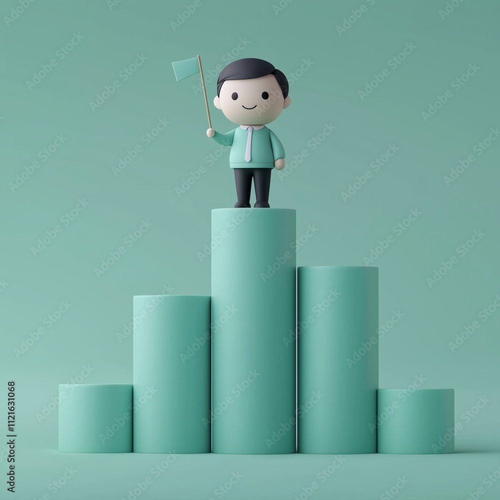 Poster cute character on bar graph with flag in solid green background