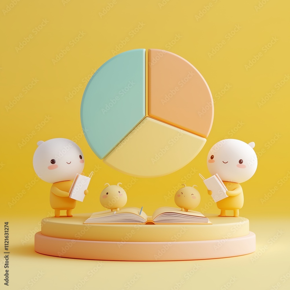 Poster cute characters learning about colorful pie chart statistics