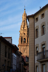 Bell tower of the Santo Domingo de la Calzada Cathedral framed by historic buildings, Spain