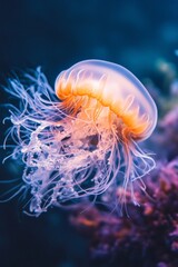 Obraz premium Colorful Jellyfish Gliding Through Deep Ocean Waters: Stunning Marine Life Photography for Underwater and Nature Themes