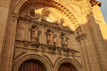 Detailed view of the facade sculptures of Santo Domingo de la Calzada Cathedral