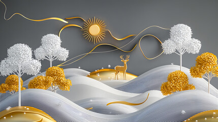 Whimsical landscape with golden elements and deer