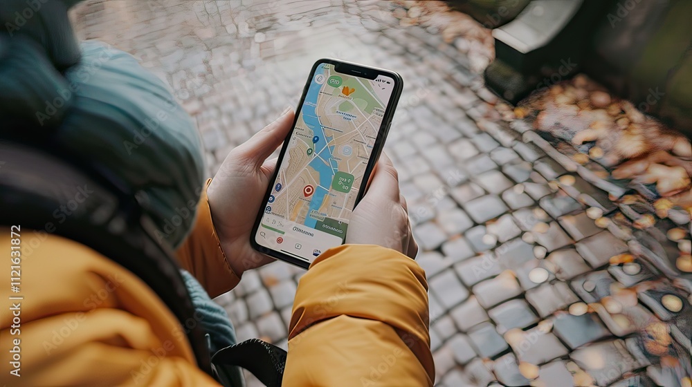 Poster a person holding a smartphone with a travel map app open, part of a navigation series.