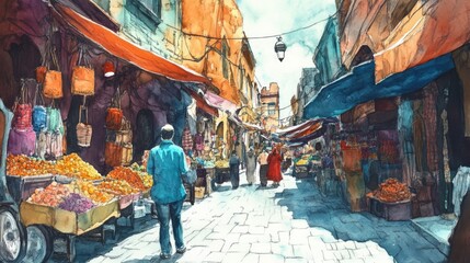 Naklejka premium Watercolor painting of bustling marketplace, vibrant colors.