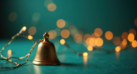 Golden Bell (Hanukkah) – A small, shining gold bell with teal and coral hues in the background, illuminated by party lights and golden fireflies. HD quality, festive vibes.